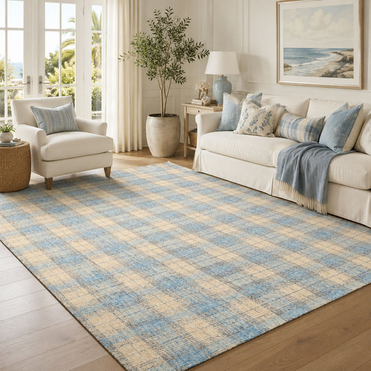 Multi Size Hand Hooked Wool Ivory, Aqua Contemporary Nantucket Plaid Loop Pile Rug