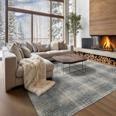 8x10 Ivory Aqua Black Color Hand Hooked Plaid Wool Modern & Contemporary Oriental Rug