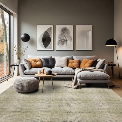 8x10 Ivory Sage Black Color Hand Hooked Plaid Wool Modern & Contemporary Oriental Rug