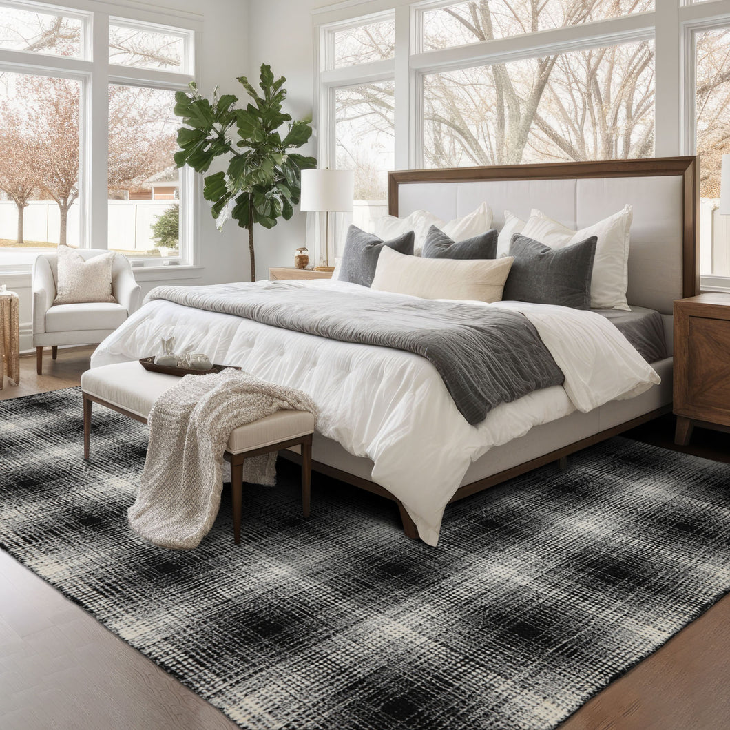 8x10 Black White Color Hand Hooked Plaid Wool Modern & Contemporary Oriental Rug