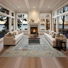 Multi Size Blue Taupe Ivory Color Hand Knotted Oushak Wool Arts & Crafts Oriental Rug