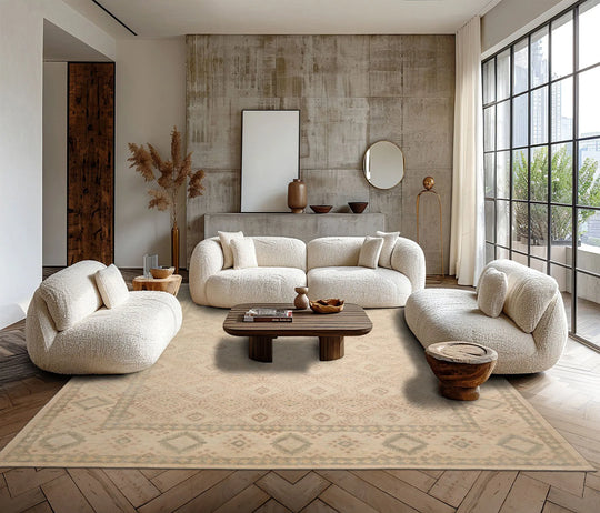 LoomBloom Multi Size Beige Hand Knotted Oushak Transitional GeometricStone Wash Wool Oriental Area Rug