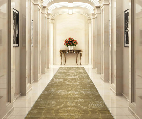 2'11''x11'10" Runner Tone on Tone Green Hand Knotted  Botanical Transitional Michaelian & Kohlberg Tibetan Wool & Silk Oriental Area Rug