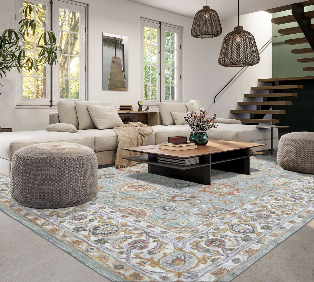 Multi Size Mint Green Gray Burnt Orange Color Hand Tufted Handmade Wool Modern & Contemporary Oriental Rug
