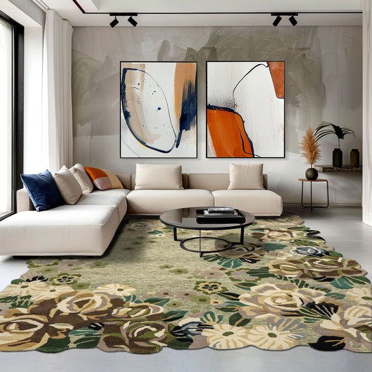8x10 Hand Tufted Wool Sage Modern Irregular shaped Loop n cut pile Sculpted Embossed look Botanical Rug