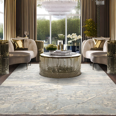 9x12 Ivory, Slate, Beige Color Hand Knotted  wool & Silk Modern Oriental Rug