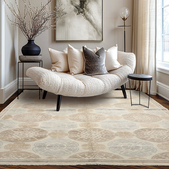 6'x9'4" Ivory Hand Knotted Transitional Medallion Wool and Silk Oriental Area Rug