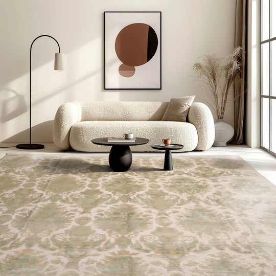 9'10''x13'5" Beige Hand Knotted Contemporary Damask Wool and Silk Oriental Area Rug