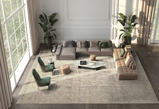 10'2''x13'8" Beige Hand Knotted Transitional Botanical Wool and Silk Oriental Area Rug