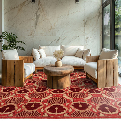 6x9 Coral, Beige, Wine Color Hand Knotted  Wool Art Deco Oriental Rug