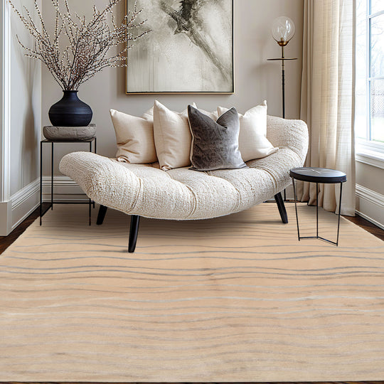 LoomBloom 5'10''x8'9" Beige Hand-Knotted Tibetan Wool & Silk Contemporary Oriental Rug