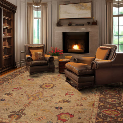 10x14 Khaki, Brown, Gold Color Hand Knotted Flatweave Wool Traditional Oriental Rug
