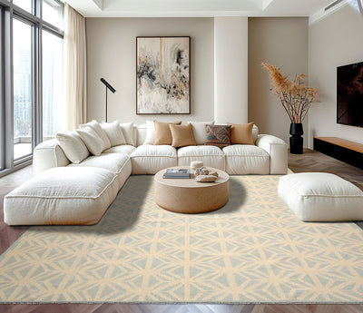 10x14 Ivory, Aqua Blue, Color Hand Knotted Geometric Wool Transitional Oriental Rug