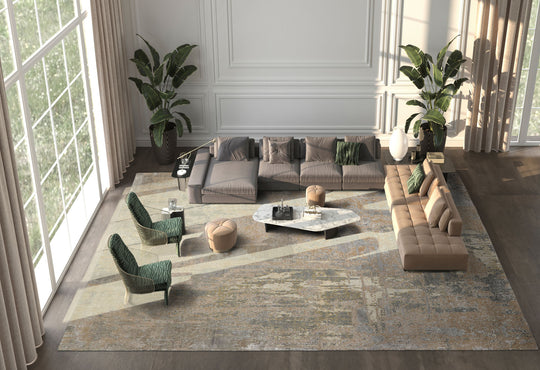 loomBloom 10x14 Beige, Gray Hand Knotted Tibetan Sherpa Modern Abstract Wool and Silk Oriental Area Rug