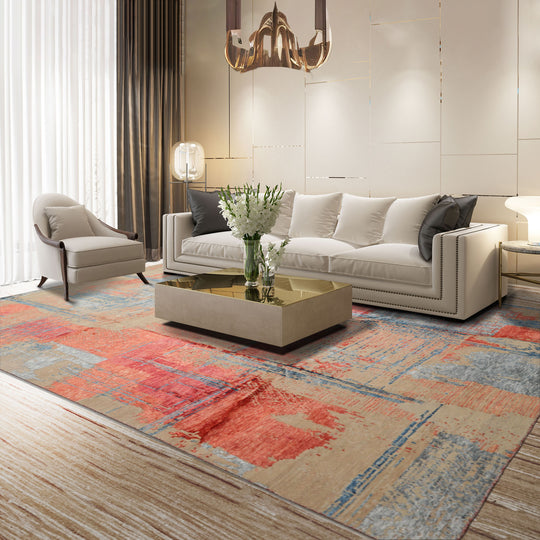 loomBloom 6x9 Beige, Coral Hand Knotted Tibetan Sherpa Modern Abstract Wool and Silk Oriental Area Rug