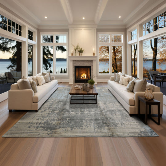 loomBloom 8x10 Beige, Gray Hand Loomed Tibetan Sherpa Modern Abstract Wool and Bamboo Silk Oriental Area Rug