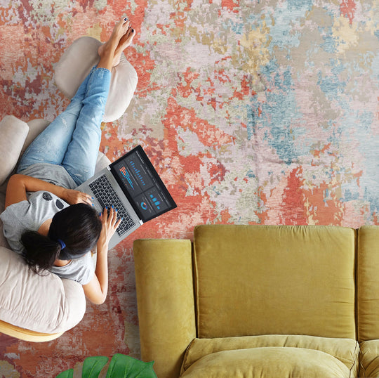 loomBloom 9x12 Teracotta, Peach Hand Knotted Tibetan Sherpa Modern Abstract Wool and Silk Oriental Area Rug