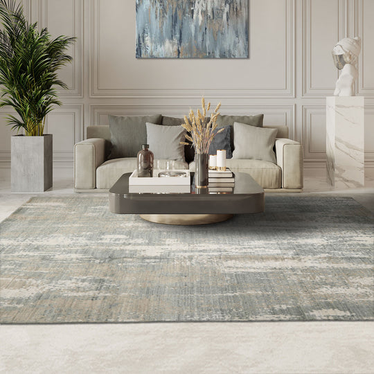 loomBloom 8x10 Gray, Beige Hand Loomed Tibetan Sherpa Modern Abstract Wool and Silk Oriental Area Rug