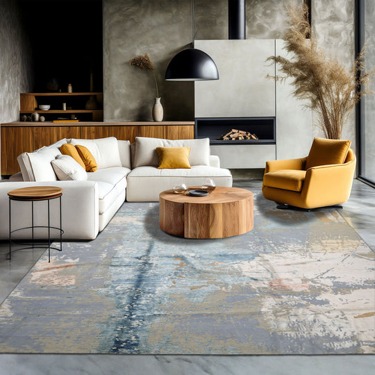 loomBloom 9x12 Blue, Beige Hand Knotted Tibetan Sherpa Modern Abstract Wool and Silk Oriental Area Rug