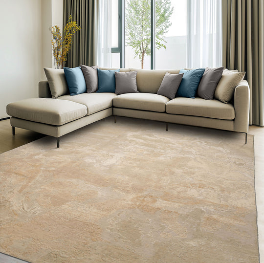 loomBloom 8x10 Beige, Tan Hand Knotted Tibetan Sherpa Modern Abstract Wool and Silk Oriental Area Rug