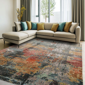 8x10 Gray, Rose, Celadon Color Hand Knotted Sherpa Wool and Silk Modern Oriental Rug