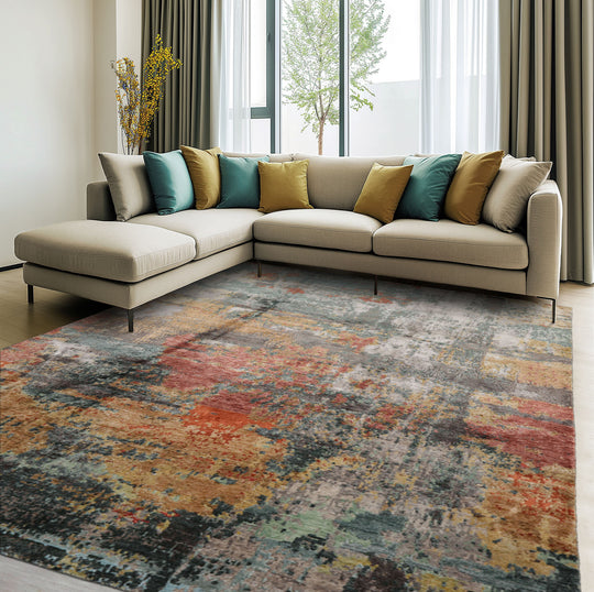 loomBloom 8x10 Gray, Rose Hand Knotted Tibetan Sherpa Modern Abstract Wool and Silk Oriental Area Rug