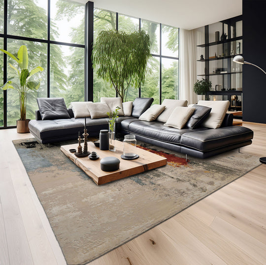 loomBloom 8x10 Beige, Gray Hand Knotted Tibetan Sherpa Modern Abstract Wool and Silk Oriental Area Rug