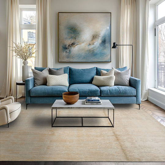 loomBloom 8x10 Beige, Faded Peach Hand Loomed Tibetan Sherpa Modern Abstract Wool and Silk Oriental Area Rug