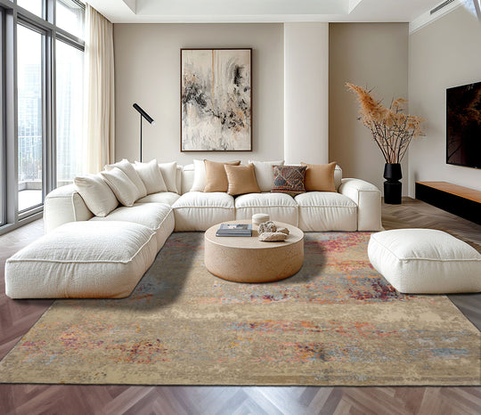 loomBloom 9x12 Beige, Blue Hand Knotted Tibetan Sherpa Modern Abstract Wool and Silk Oriental Area Rug