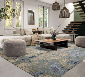 9x12 Gray, Beige, Aqua Color Hand Knotted Sherpa Wool and Silk Modern Oriental Rug