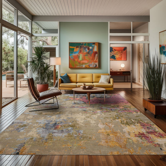 loomBloom 8x10 Beige, Mint Hand Knotted Tibetan Sherpa Modern Abstract Wool and Silk Oriental Area Rug