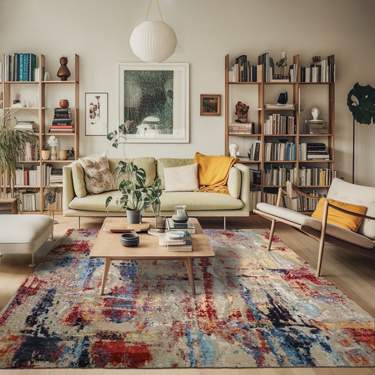 loomBloom 9x12 Beige, Rust Hand Knotted Tibetan Sherpa Modern Abstract Wool and Silk Oriental Area Rug