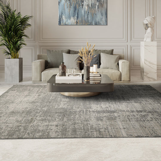 loomBloom 8x10 ToneonToneGray,  Hand Loomed Tibetan Sherpa Modern Abstract Wool and Silk Oriental Area Rug