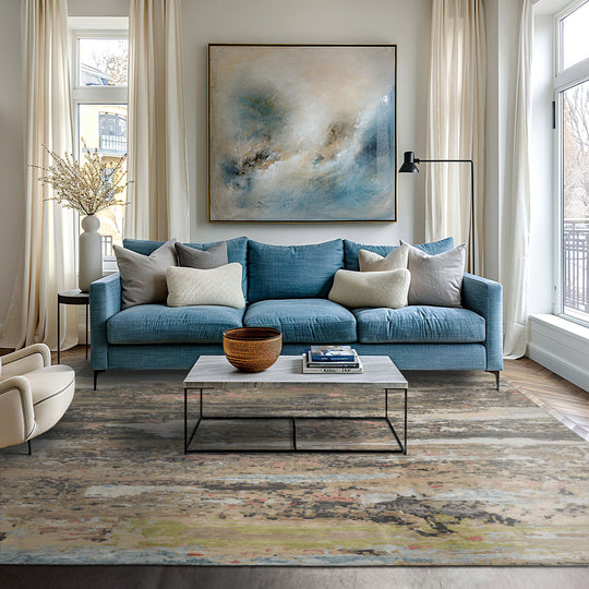 loomBloom 9x12 Beige, Tan Hand Knotted Tibetan Sherpa Modern Abstract Wool and Silk Oriental Area Rug