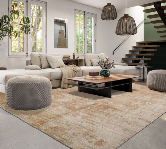 loomBloom 8x10 Beige, Peach Hand Loomed Tibetan Sherpa Modern Abstract Wool and Silk Oriental Area Rug