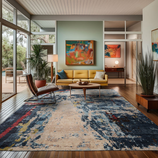 loomBloom 8x10 Beige, Blue Hand Knotted Tibetan Sherpa Modern Abstract Wool and Silk Oriental Area Rug