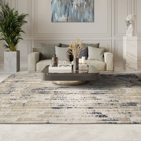 loomBloom 8x10 Beige, Gray Hand Knotted Tibetan Sherpa Contemporary Abstract Wool and Silk Oriental Area Rug