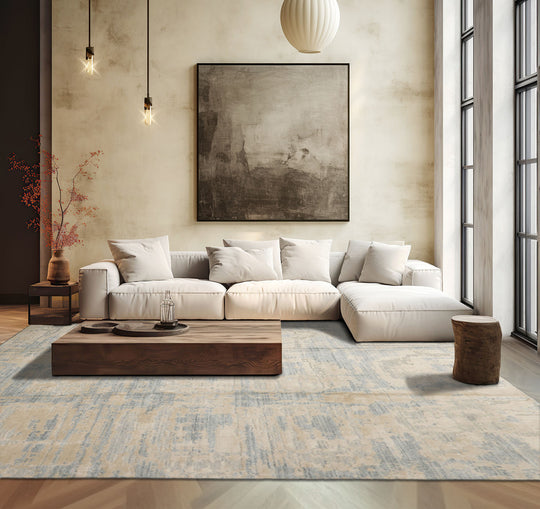 loomBloom 8x10 Ivory, Beige Hand Loomed Tibetan Sherpa Modern Abstract Wool and Silk Oriental Area Rug