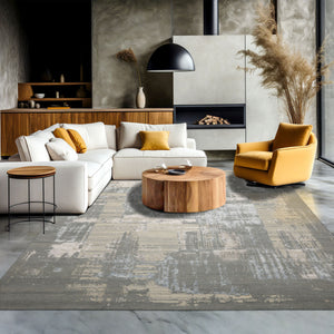 9x12 Gray, Beige, Ivory Color Hand Knotted Sherpa Wool and Silk Modern Oriental Rug