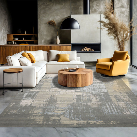 loomBloom 9x12 Gray, Beige Hand Knotted Tibetan Sherpa Modern Abstract Wool and Silk Oriental Area Rug