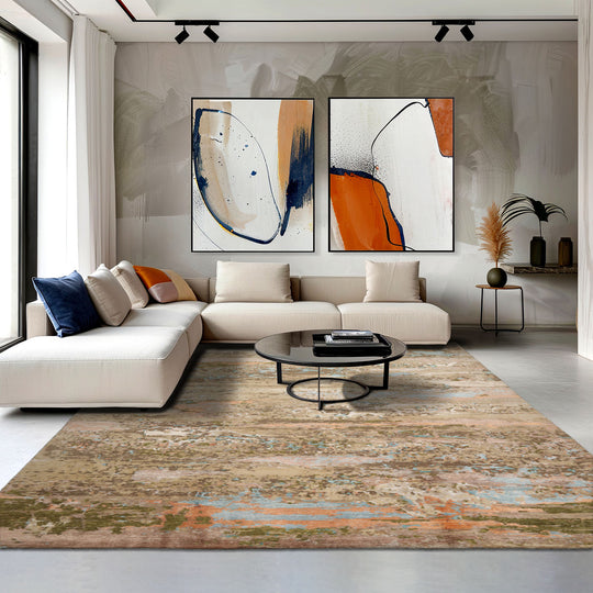 loomBloom 9x12 Beige, Green Hand Knotted Tibetan Sherpa Contemporary Abstract Wool and Silk Oriental Area Rug