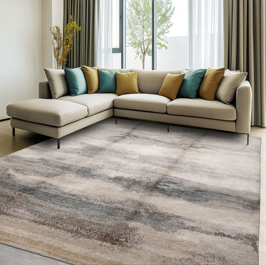 loomBloom 8x10 Beige, Gray Hand Knotted Tibetan Sherpa Modern Abstract Wool and Silk Oriental Area Rug