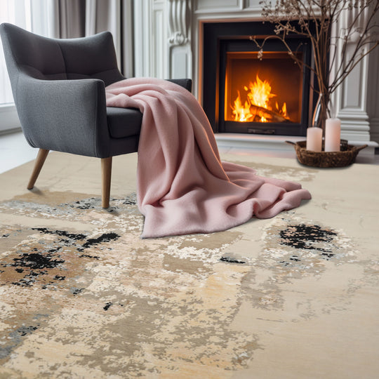 loomBloom 9x12 Ivory, Gray Hand Knotted Tibetan Sherpa Modern Abstract Wool and Silk Oriental Area Rug