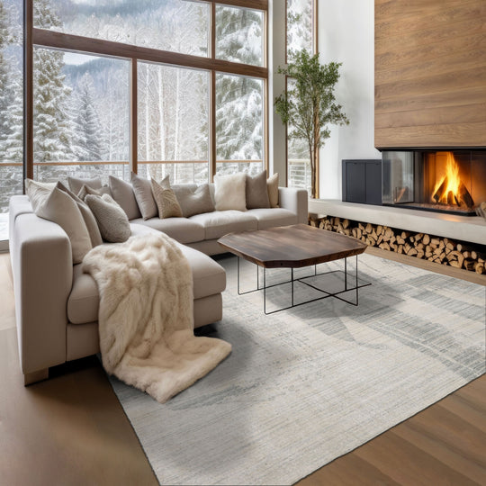 loomBloom 8x10 Ivory, Gray Hand Loomed Tibetan Sherpa Modern Abstract Wool and Silk Oriental Area Rug