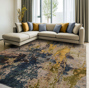 8x10 Beige, Blue, Gold Color Hand Knotted Sherpa Wool and Silk Modern Oriental Rug