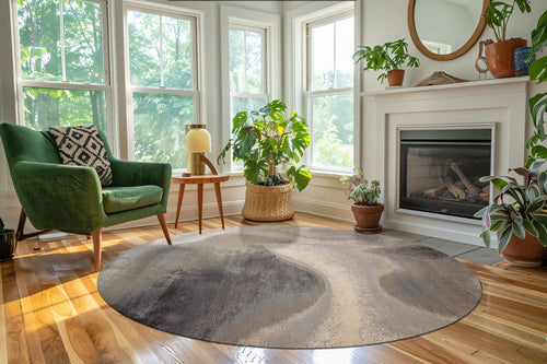 Round Gray, Ivory, Graphite Color Hand Knotted Sherpa Wool and Silk Modern Oriental Rug