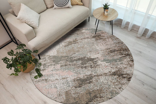 loomBloom 8x8  Round Ivory, Gray Hand Knotted Tibetan Sherpa Modern Abstract Wool and Silk Oriental Area Rug