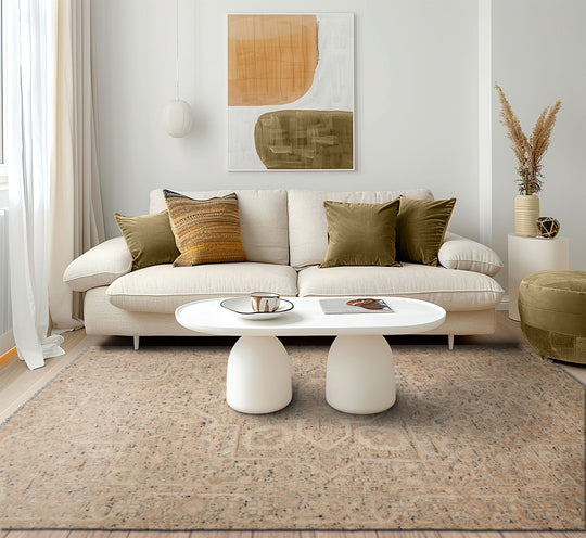 loomBloom 9x12 Tan, Beige Hand Knotted Oushak Embossed Look Transitional Geometric Wool and Silk Oriental Area Rug