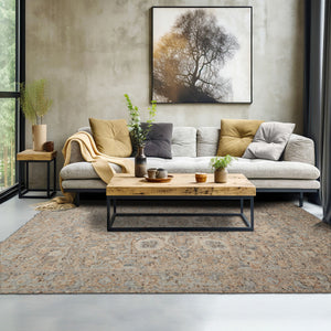 9x12 Beige, Tan, Brown Color Hand Knotted Embossed Look Wool and Silk Transitional Oriental Rug
