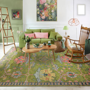 Multi Size Green Pink Navy Color Hand Knotted Turkish Oushak 100% Wool Traditional Oriental Rug